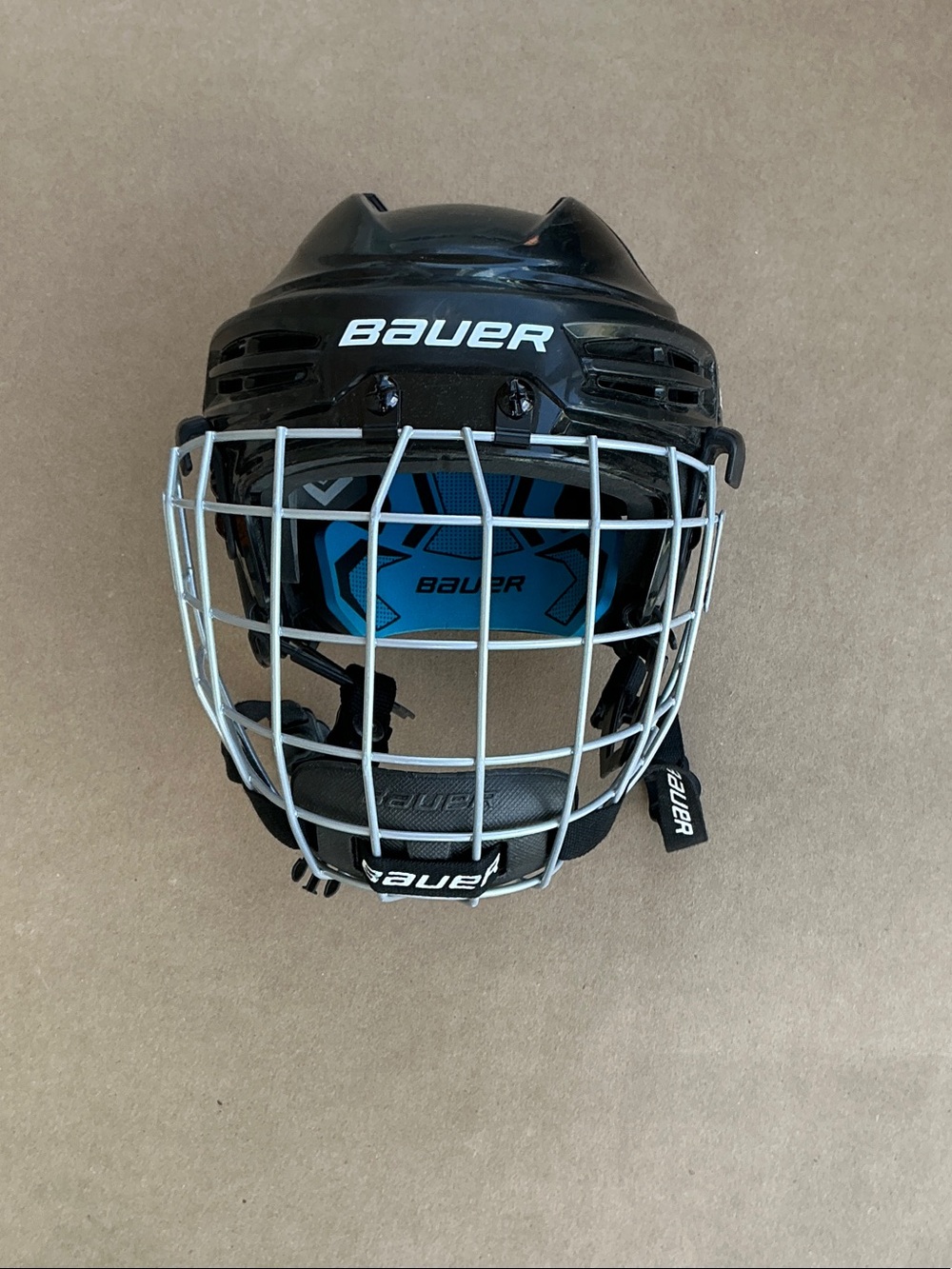 Bauer Black Helmet with Silver Cage and Blue Liner